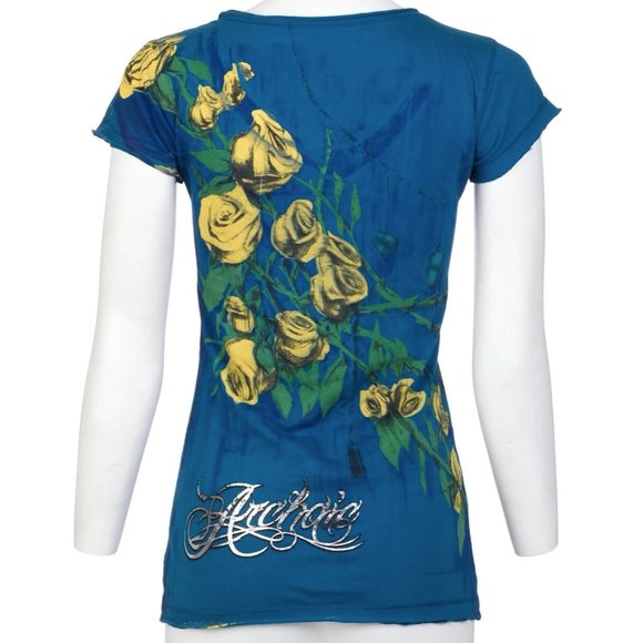 Archaic Affliction Women's T-Shirt Short Sleeve MY GIRL Tattoo Herat Biker Blue - Picture 2 of 7